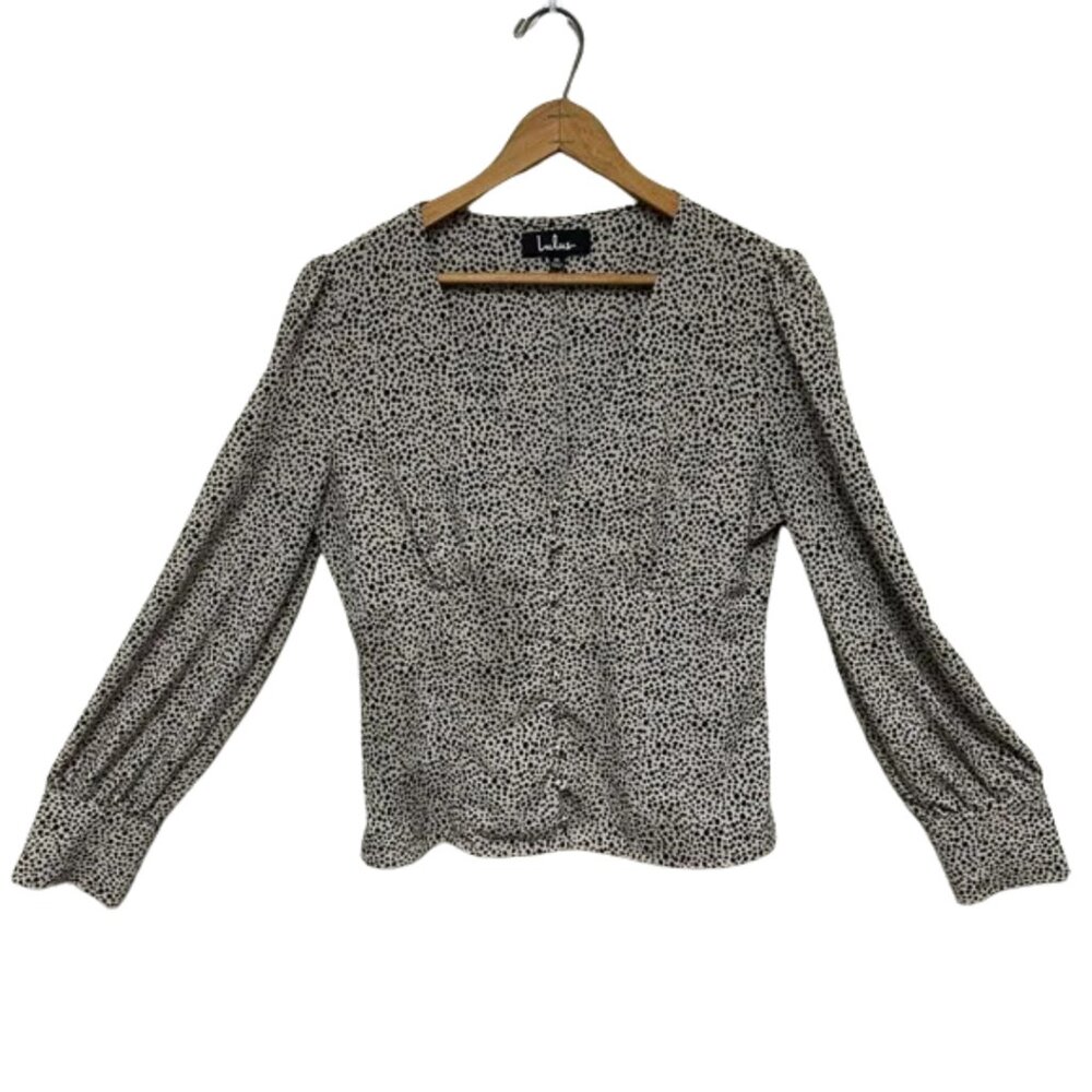 LULUS Blouse Top Sweet Spot Taupe Cheetah Print Long Sleeve Button-Up Size M